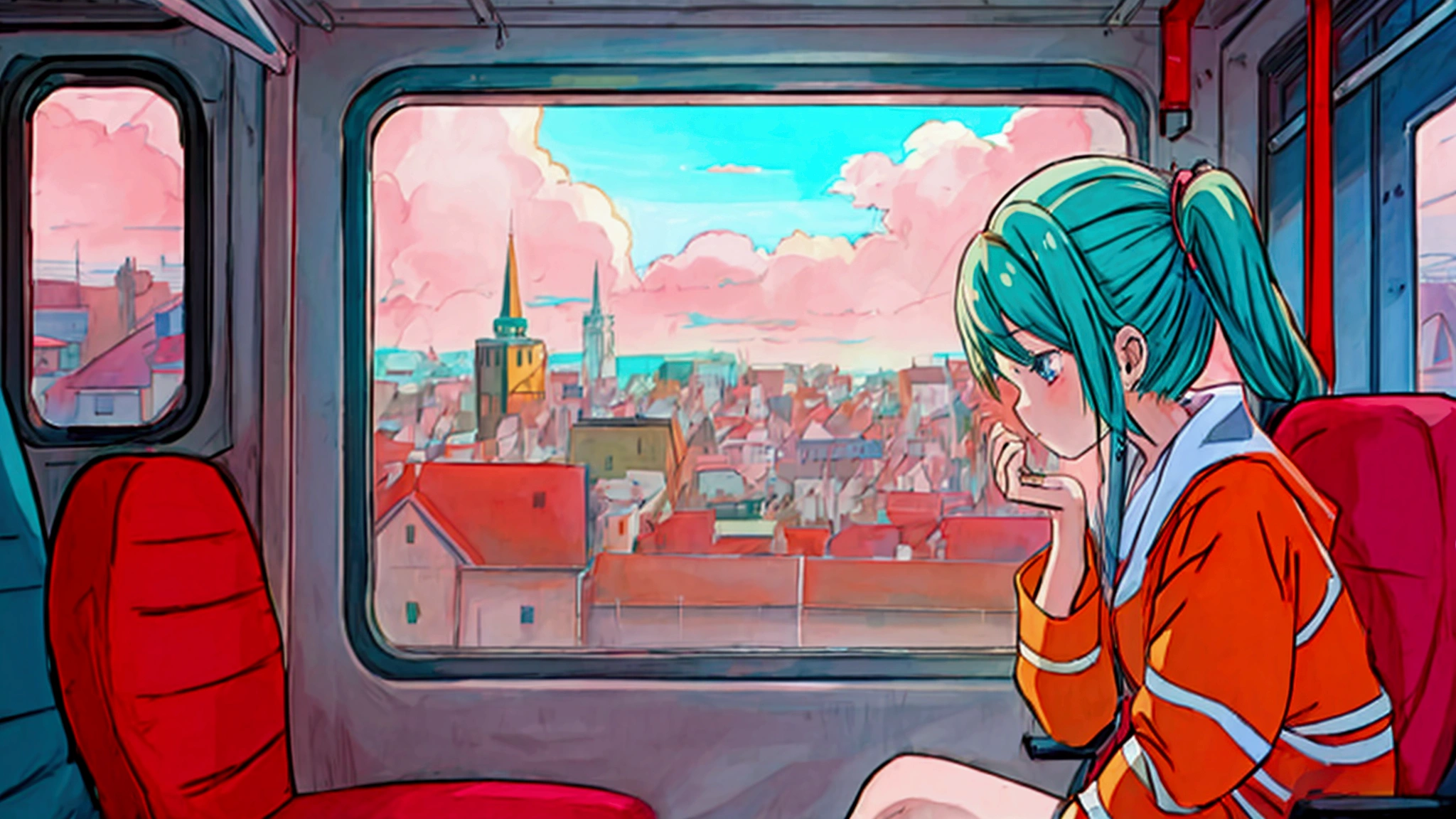 anime girl sitting on a bus looking out the window at the city, an anime drawing by Yuumei, trending on cg society, digital art, lofi hip hop, lofi girl, lofi artstyle, lofi art, lofi feel, chillhop, lofi vibes, lofi aesthetic, lofi, lofi girl aesthetic, anime aesthetic