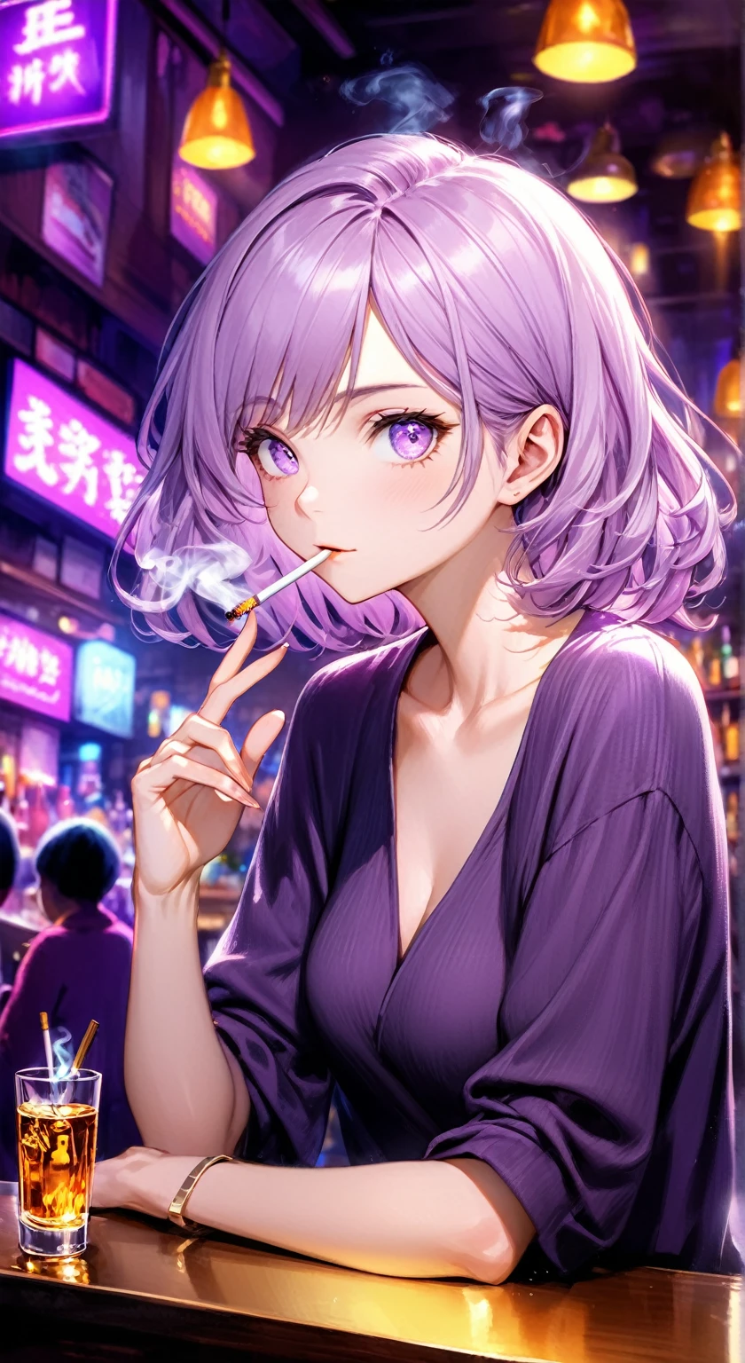 ((Highest quality,8k,32K,masterpiece,Ultra-high resolution :1.2 ),born,One person,Super cute,Natural light,Clear, shining eyes,20-year-old,Fair skin,Fantastic night city electronic world fantasy background,Light purple hair,Mature woman,Smoking a cigarette,liquor,bar,Fluorescent purple background,colorful