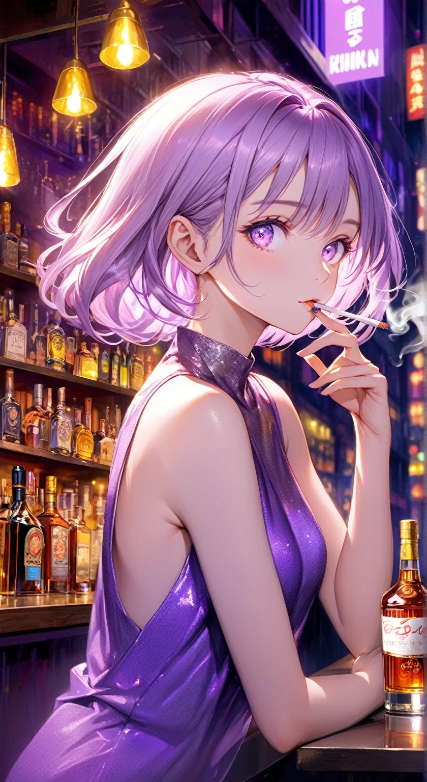 ((Highest quality,8k,32K,masterpiece,Ultra-high resolution :1.2 ),born,One person,Super cute,Natural light,Clear, shining eyes,20-year-old,Fair skin,Fantastic night city electronic world fantasy background,Light purple hair,Mature woman,Smoking a cigarette,liquor,bar,Fluorescent purple background,colorful