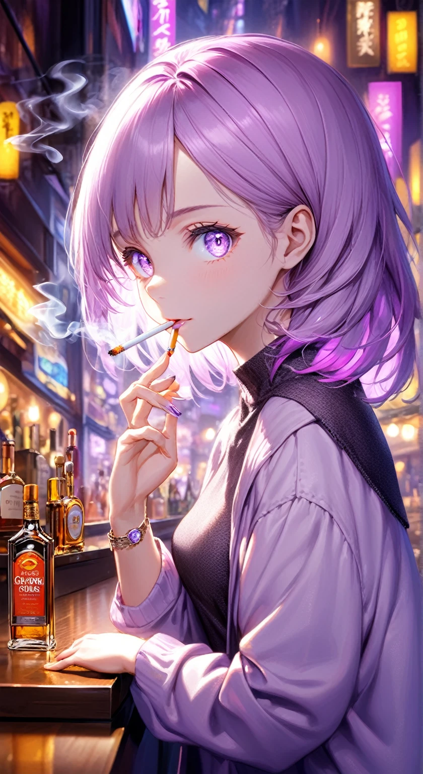 ((Highest quality,8k,32K,masterpiece,Ultra-high resolution :1.2 ),born,One person,Super cute,Natural light,Clear, shining eyes,20-year-old,Fair skin,Fantastic night city electronic world fantasy background,Light purple hair,Mature woman,Smoking a cigarette,liquor,bar,Fluorescent purple background,colorful