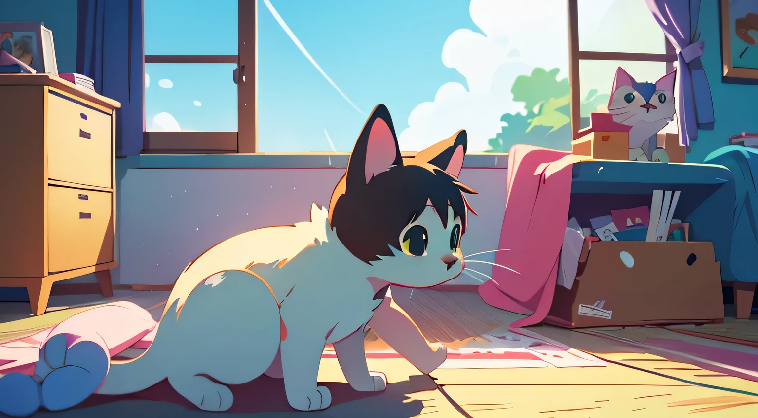 Makoto Shinkai style, kitten playing in room, 2D animation style, 90s anime aesthetic, lo-fi, high detail, low angle, Fujifilm mix, hyperrealistic, 8K, masterpiece.