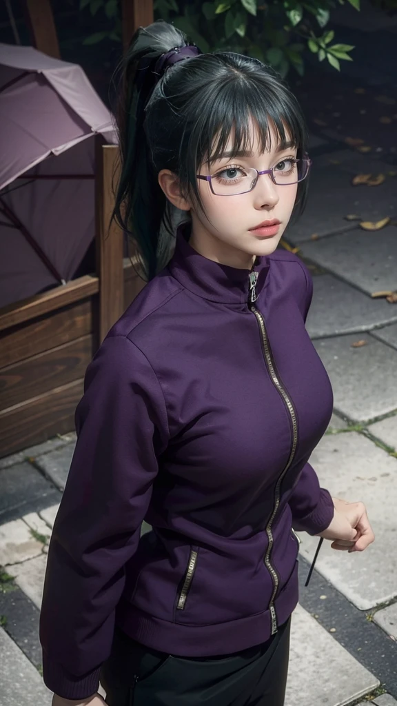 Temple_Maki, ponytail, Glasses, bangs, Green Hair, Brown eyes, jujutsu_uniform, Purple Jacket, 1 person, alone, Detailed face, Detailed skin, Film Grain, Realistic, Large Breasts, Skin pores