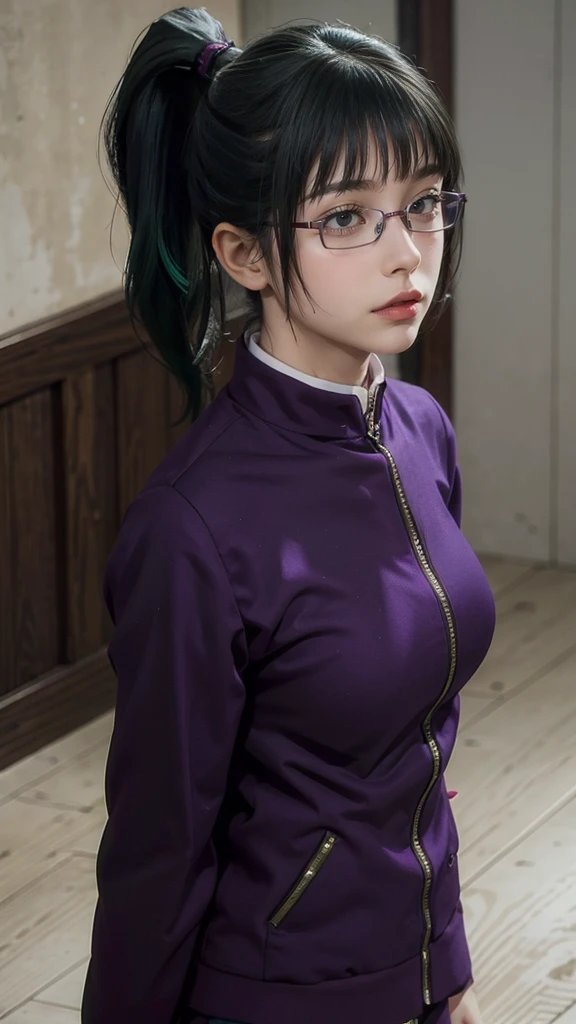 Temple_Maki, ponytail, Glasses, bangs, Green Hair, Brown eyes, jujutsu_uniform, Purple Jacket, 1 person, alone, Detailed face, Detailed skin, Film Grain, Realistic, Large Breasts, Skin pores