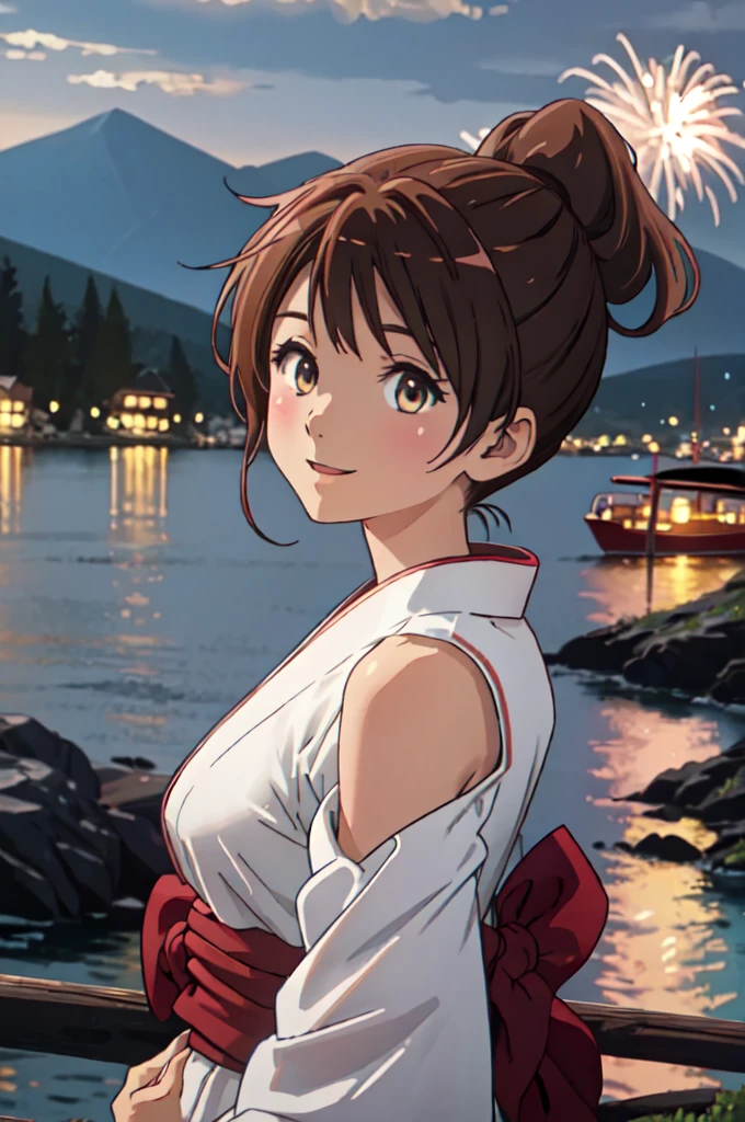 masterpiece, best quality, ultra detailed, highres, extremely detailed CG unity 8k wallpaper, perfect lighting,  very detailed background, beautiful and aesthetic,sharp focus, perfect face, dynamic pose, dynamic angle,
1girl, upper body, (portrait:1.1), multicolored yukata, kanzashi, looking at viewer,  full-face blush, from side, from below, smile,
night, dark sky, misty lake, mountainous horizon, break,aerial fireworks,  (Full of sky fireworks:1.2),
Shoulder Bare、Off the shoulder