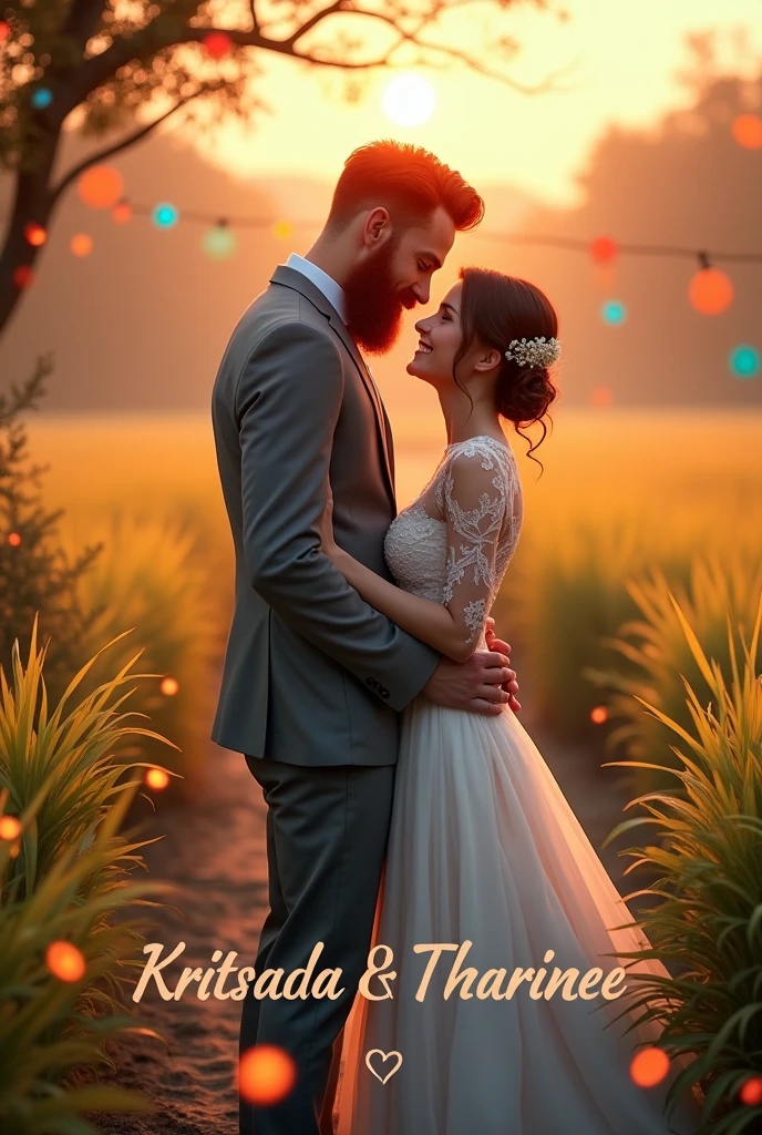 A very tall man in a grey suit with red hair and a strong beard stands in the middle of a rice field with his shorter girlfriend, who is wearing a modern wedding dress with her arms around his waist at a wedding. The atmosphere is sunset with surrounding lights from various colors that are decorated around the event. The name Kritsada is written under the picture below with a heart shape between both names and Tharinee's name.