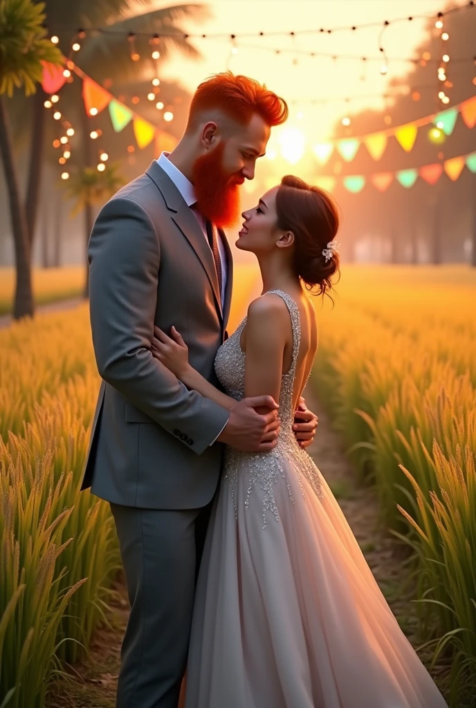 A very tall man in a grey suit with red hair and a strong beard stands in the middle of a rice field with his shorter girlfriend, who is wearing a modern wedding dress with her arms around his waist at a wedding. The atmosphere is sunset with surrounding lights from various colors that are decorated around the event. The name Kritsada is written under the picture below with a heart shape between both names and Tharinee&#39;s name. 