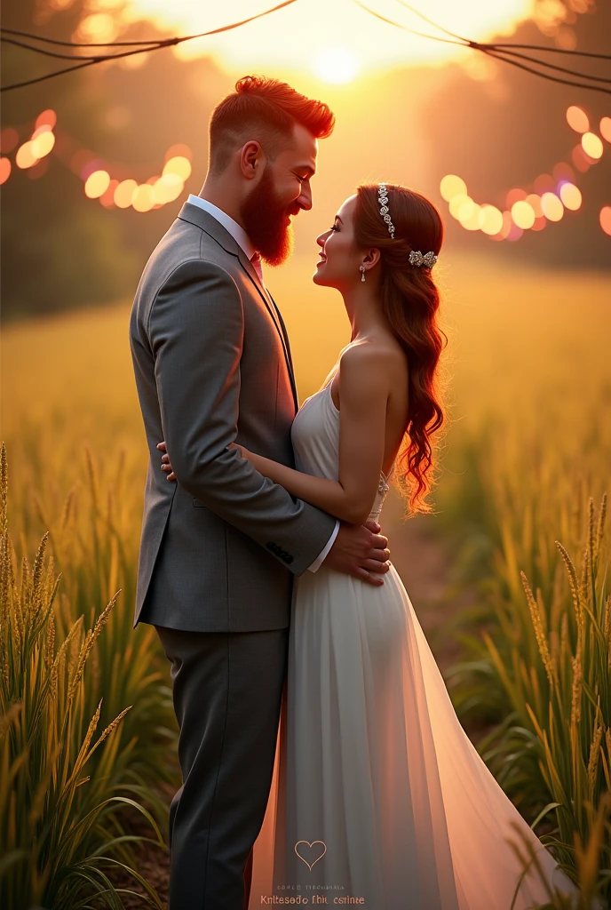A very tall man in a grey suit with red hair and a strong beard stands in the middle of a rice field with his shorter girlfriend, who is wearing a modern wedding dress with her arms around his waist at a wedding. The atmosphere is sunset with surrounding lights from various colors that are decorated around the event. The name Kritsada is written under the picture below with a heart shape between both names and Tharinee's name.