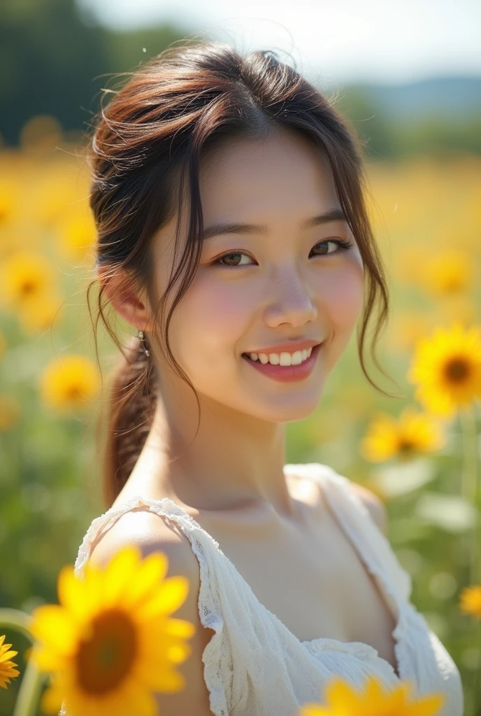 Beautiful Asian Woman、summer、Strong sunlight、sunlight、Shining Eyes、A warm gaze、White dress、White skin、Beautiful Face、balanceのいい大きな唇、Healthy Lips、Impressive smile、A carefree smile、memory、Realistic、As in the photo、Realistic、balance、contrast、Natural background、Grassland、sunflower、日本のsummer、painful、Cool feeling