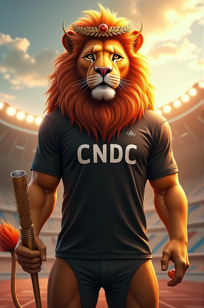 Create an image of an Olympic lion wearing a black t-shirt with the letters cndc, wearing a laurel wreath and holding the Olympic torch 