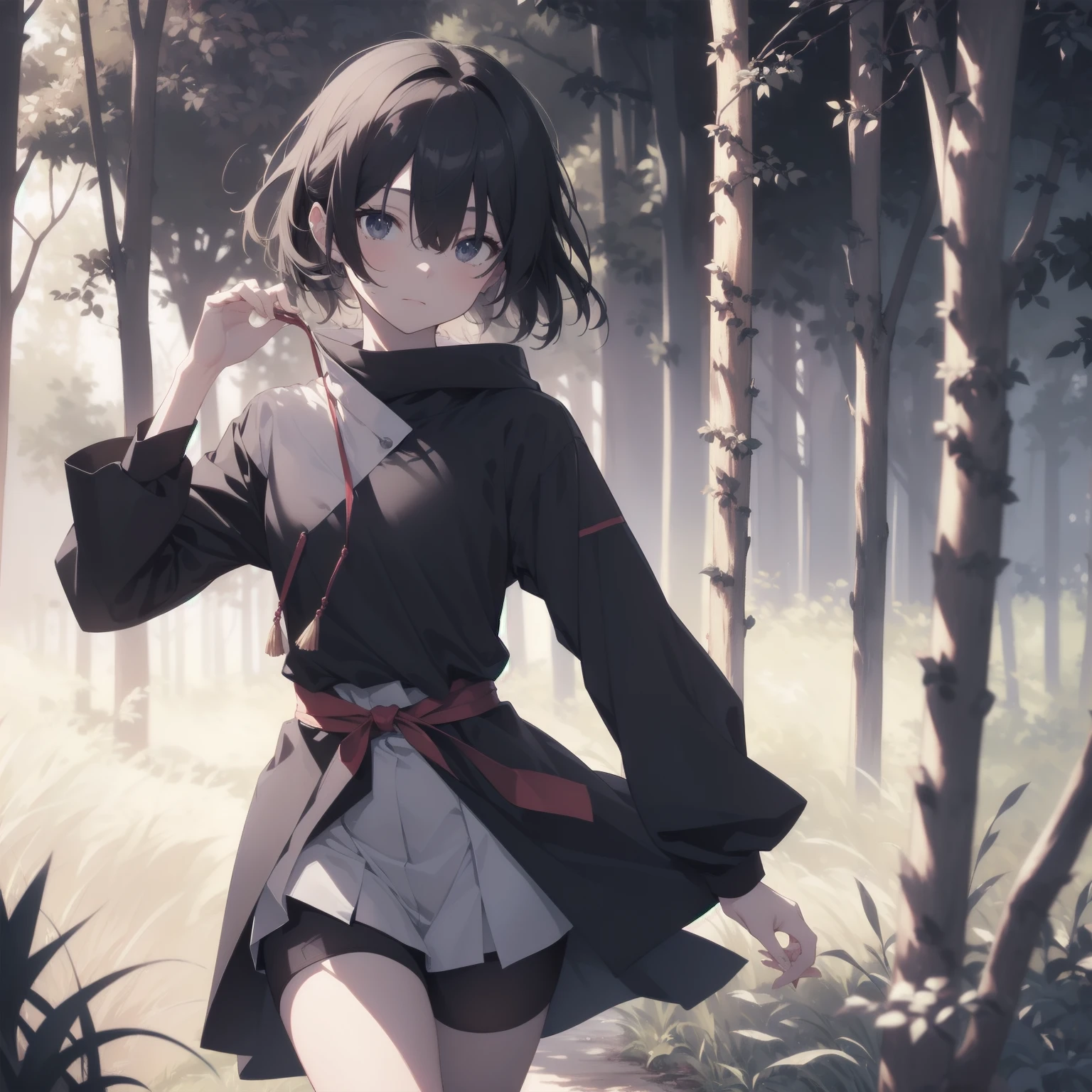 ultra-absurdres-Top quality by artist God, ultra-detailed, high resolution, anime moe artstyle, best anime 8k konachan wallpaper, pixiv contest winner, pool:2810, perfect anatomy,break, 1girl, ninja, (Please draw a ninja girl walking sleepily to forest alone. )break,(Solo,little female, 10-year-old:1.3),Full limbs, complete fingers,(very short hair), short cut, flat chest, thighs, small butt, small black eyes, beautiful detailed eyes, well-proportioned iris and pupils, expressive eyes, highres detailed hair, expressionless,ninja clothes, short kimono, short shorts, scarf, (Detailed Lighting), (Detailed background), night, in the forest. break,super detailed skin, Best cinematic lighting powered by famous artist, 8k,beauty illustration,photoshop_(medium),very aesthetic,break,((artist:shiromanta )), artist:clamp ,artist:carnelian ,artist:kantoku ,
