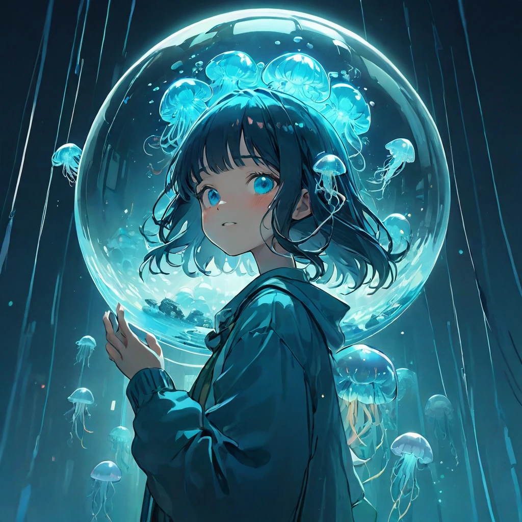 finely detailed illustration, vibrant color,High resolution、8k、cute、One beautiful girl、fullbody to to the toe, happy smile、Perfect and detailed eye drawing、Highest quality、masterpiece、detailed eye and face, A person holding a glass ball with a jellyfish inside, Hologram by Beeple, Trending on CGSociety, magical realism, Cyberpunk Jellyfish, Cyberpunk Blue Lens Effect, Jellyfish Shrine Maiden, Digital Artレンダリング, Artem Demra Beeple, Spectacular concept art. Bokeh, Digital Art