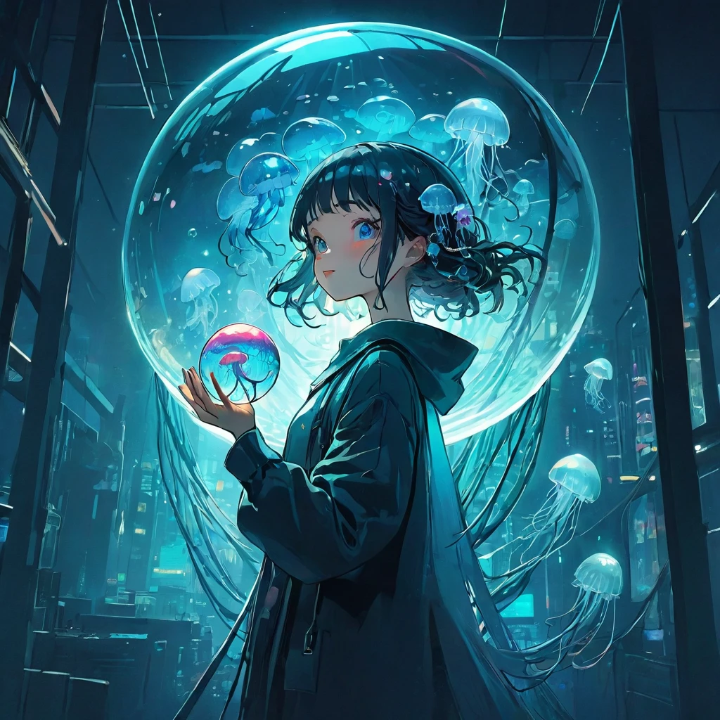 finely detailed illustration, vibrant color,High resolution、８ｋ、cute、One beautiful girl、fullbody to to the toe, happy smile、Perfect and detailed eye drawing、Highest quality、masterpiece、detailed eye and face, A person holding a glass ball with a jellyfish inside, Hologram by Beeple, Trending on CGSociety, magical realism, Cyberpunk Jellyfish, Cyberpunk Blue Lens Effect, Jellyfish Shrine Maiden, Digital Artレンダリング, Artem Demra Beeple, Spectacular concept art. Bokeh, Digital Art
