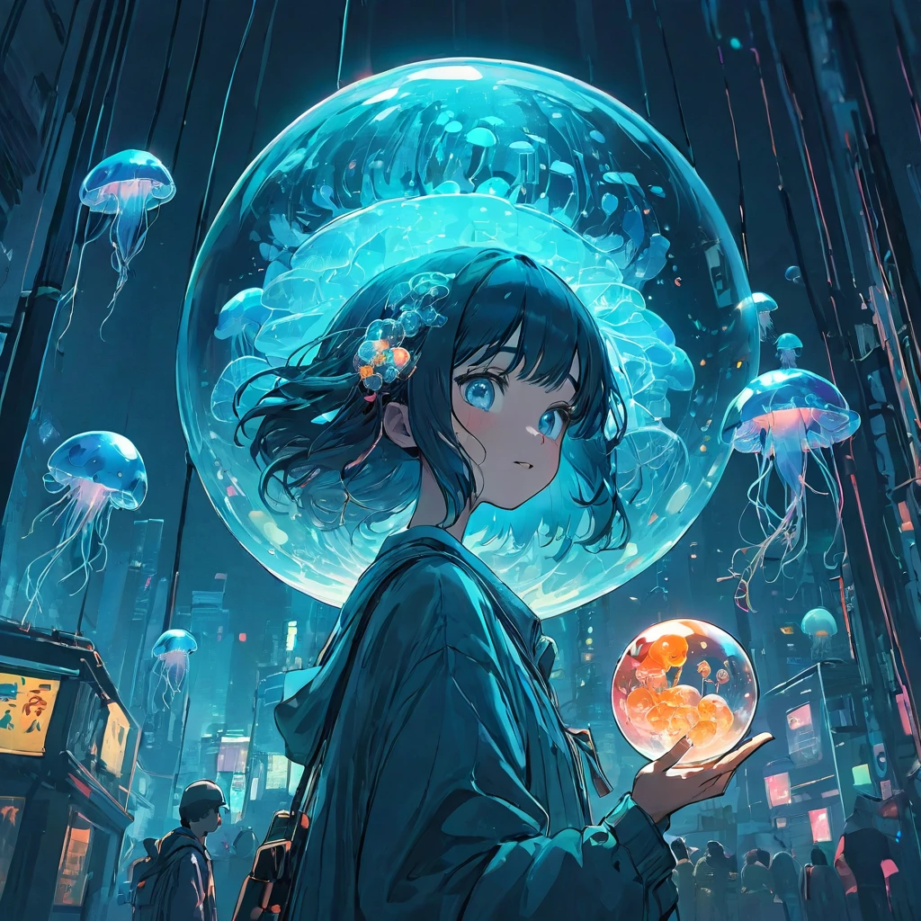finely detailed illustration, vibrant color,High resolution、８ｋ、cute、One beautiful girl、fullbody to to the toe, happy smile、Perfect and detailed eye drawing、Highest quality、masterpiece、detailed eye and face, A person holding a glass ball with a jellyfish inside, Hologram by Beeple, Trending on CGSociety, magical realism, Cyberpunk Jellyfish, Cyberpunk Blue Lens Effect, Jellyfish Shrine Maiden, Digital Artレンダリング, Artem Demra Beeple, Spectacular concept art. Bokeh, Digital Art

