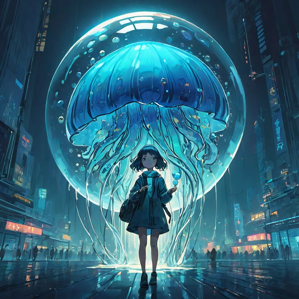 finely detailed illustration, vibrant color,High resolution、８ｋ、cute、One beautiful girl、fullbody to to the toe, happy smile、Perfect and detailed eye drawing、Highest quality、masterpiece、detailed eye and face, A person holding a glass ball with a jellyfish inside, Hologram by Beeple, Trending on CGSociety, magical realism, Cyberpunk Jellyfish, Cyberpunk Blue Lens Effect, Jellyfish Shrine Maiden, Digital Artレンダリング, Artem Demra Beeple, Spectacular concept art. Bokeh, Digital Art
