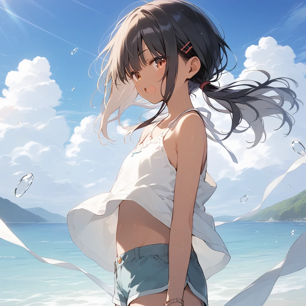 score_9, score_8_up, score_7_up, source_anime, best quality, masterpiece, official art, absurdres, highres, ultra-detailed,waifu2x,Collection: Slice of Life,break,1girl, tomboy, dark-skinned female, short hair, low ponytail, flat chest, groin, beautiful detailed eyes, shorts, sweat, open mouth, (yawn:0.3), sleepily, outdoors, wind,break,(clear line illustration:1.2), super detailed skin,very high resolution, very aesthetic, Best sexual lighting powered by famous artist, 8k, 16k, cute picture,beauty illustration,photoshop_(medium),,(Detailed Lighting),best anime 8k konachan wallpaper, pixiv contest winner,