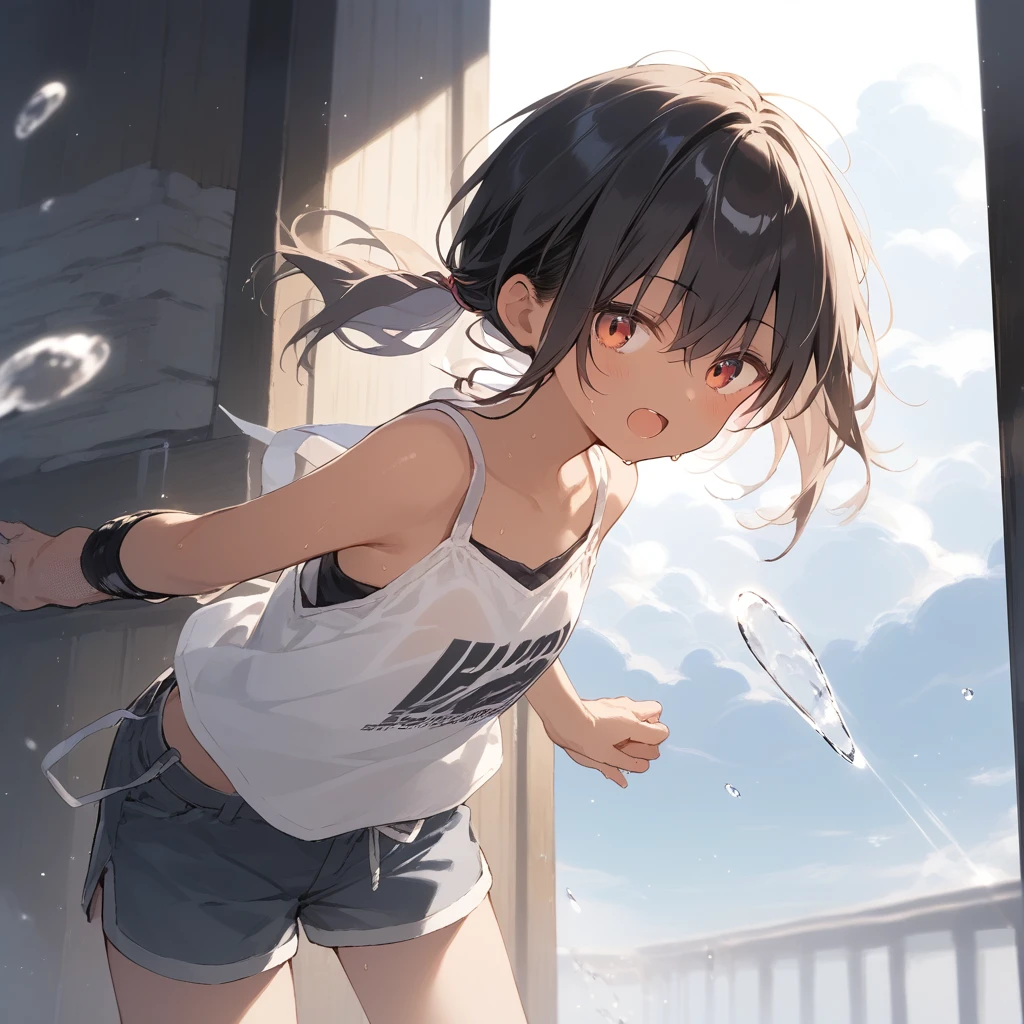score_9, score_8_up, score_7_up, source_anime, best quality, masterpiece, official art, absurdres, highres, ultra-detailed,waifu2x,Collection: Slice of Life,break,1girl, tomboy, dark-skinned female, short hair, low ponytail, flat chest, groin, beautiful detailed eyes, shorts, sweat, open mouth, (yawn:0.3), sleepily, outdoors, wind,break,(clear line illustration:1.2), super detailed skin,very high resolution, very aesthetic, Best sexual lighting powered by famous artist, 8k, 16k, cute picture,beauty illustration,photoshop_(medium),,(Detailed Lighting),best anime 8k konachan wallpaper, pixiv contest winner,
