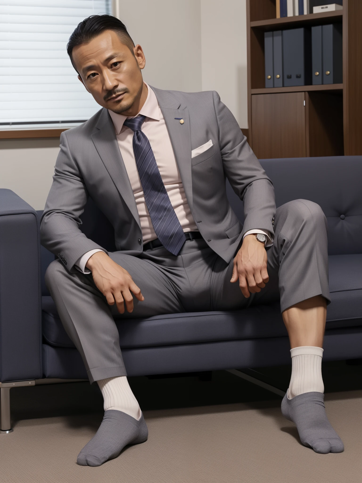 40 years old，Hidetoshi Nakata，（Kogoro Mori 1.3），whole body，Lean，muscle，office，grey socks，Suit，Feet raised，sofa，Baldhead ，transparent，Thick body hair，underwear，Topless，Densely hairy，Fortitude，HD，With a mustache