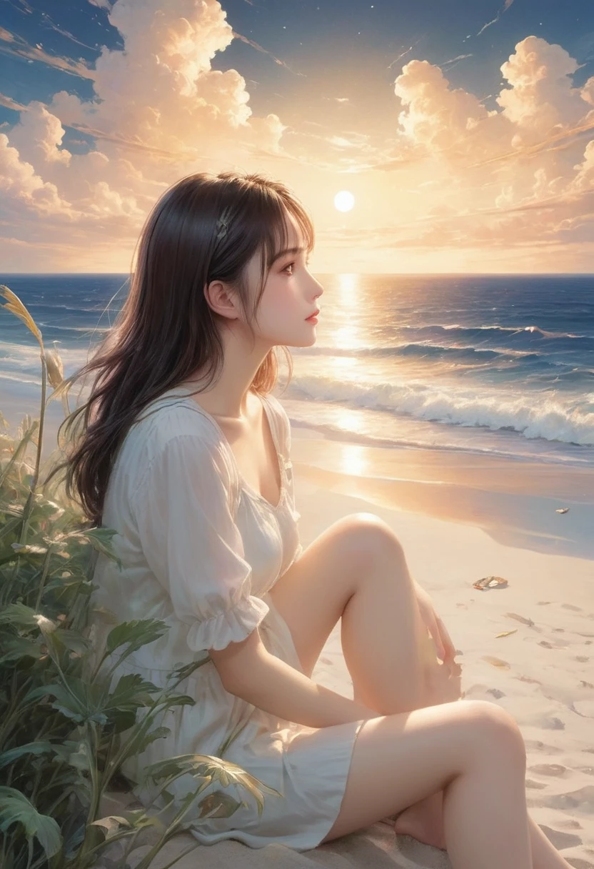 (A masterpiece of the highest quality:1.2)、Very detailed illustrations,Perfectly shows the girl in the doomsday beach scenery。In the silence of the night、There is an atmosphere that is both sad and hopeful.。 The Girl sits on the soft vegetation of the sandy beach、A figure appeared in the cloudy sky。The Girl'Unspecified clothing.、Her figure、it'Such exquisite rendering,Make every crease and texture clearly visible.。Her hair flutters in the wind、Low light in HDR landscapes