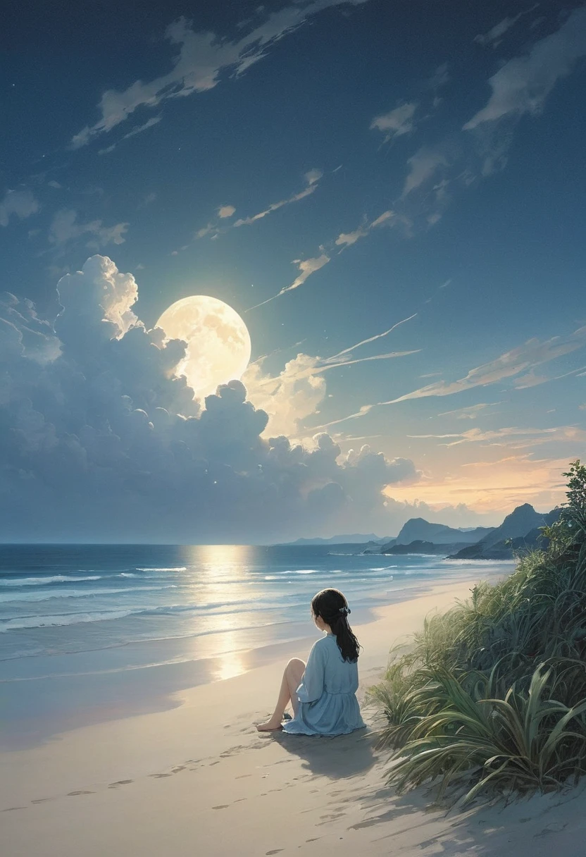 (A masterpiece of the highest quality:1.2)、Very detailed illustrations,Perfectly shows the girl in the doomsday beach scenery。In the silence of the night、There is an atmosphere that is both sad and hopeful.。 The Girl sits on the soft vegetation of the sandy beach、A figure appeared in the cloudy sky。The Girl'Unspecified clothing.、Her figure、it'Such exquisite rendering,Make every crease and texture clearly visible.。Her hair flutters in the wind、Low light in HDR landscapes