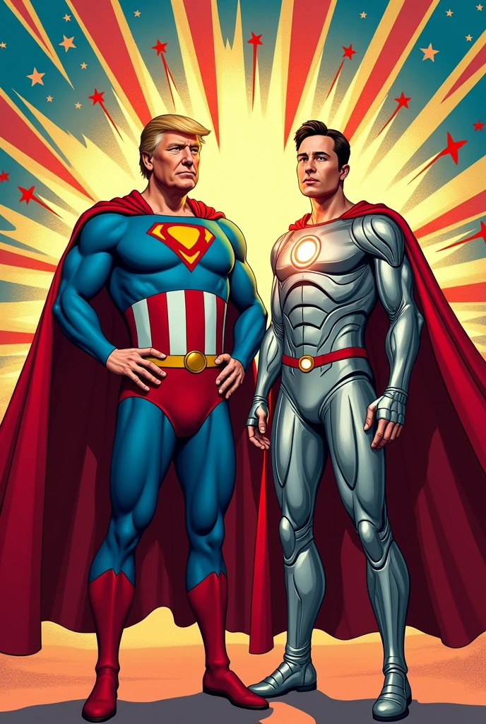 A 1960’s style comic book cover of Donald trump and Elon Musk standing together dressed as patriotic American superheroes