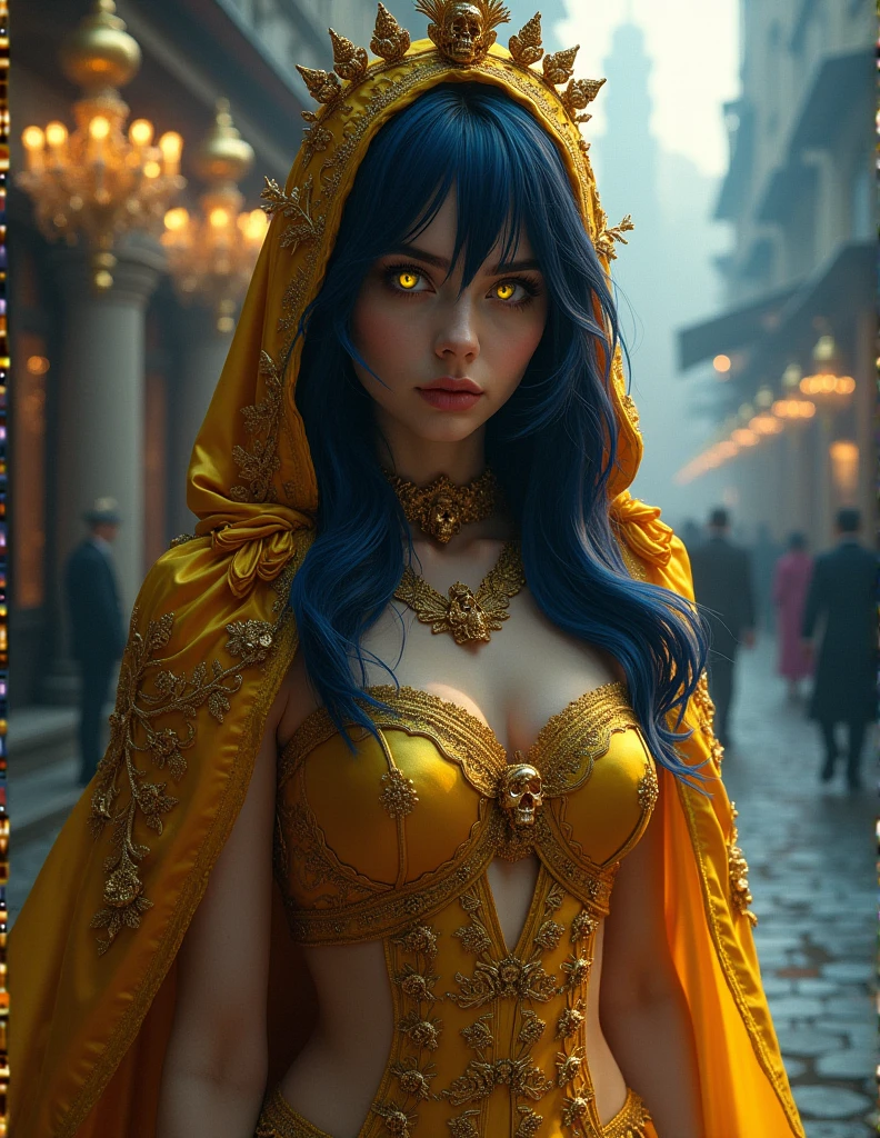 Create a mesmerizing and photorealistic high-contrast, saturated colored image capturing the enchanting atmosphere of Carnevale in Venice during the mysterious night. Visualize a perfectly shaped naked Czech woman with long, curly black hair, standing on a Venetian square softly illuminated by dim lights, casting intriguing shadows. The night comes alive with the magical glow of carnival lights, reflecting gently from the water, adding depth and allure. The woman totally naked only wearing an intricate carnival mask, exudes confidence and allure in her self-conscious pose. Surround her with a diverse group of people, each dressed in elaborate carnival dresses, adding to the festive atmosphere. In the style reminiscent of the legendary Helmut Newton, focus on intensifying the cinematic quality by enhancing the interplay of dark shadows and soft lights, creating a composition filled with mystery and sophistication. Amplify the saturation and contrast to evoke the richness of colors and the depth of the surroundings. Craft a full-body photograph that epitomizes the essence of Venetian elegance, mystery, and the timeless charm characteristic of Helmut Newton's legendary fashion photography. Capture the collective beauty and allure of the people in their carnival dresses, harmoniously blending with the captivating carnival night in Venice.