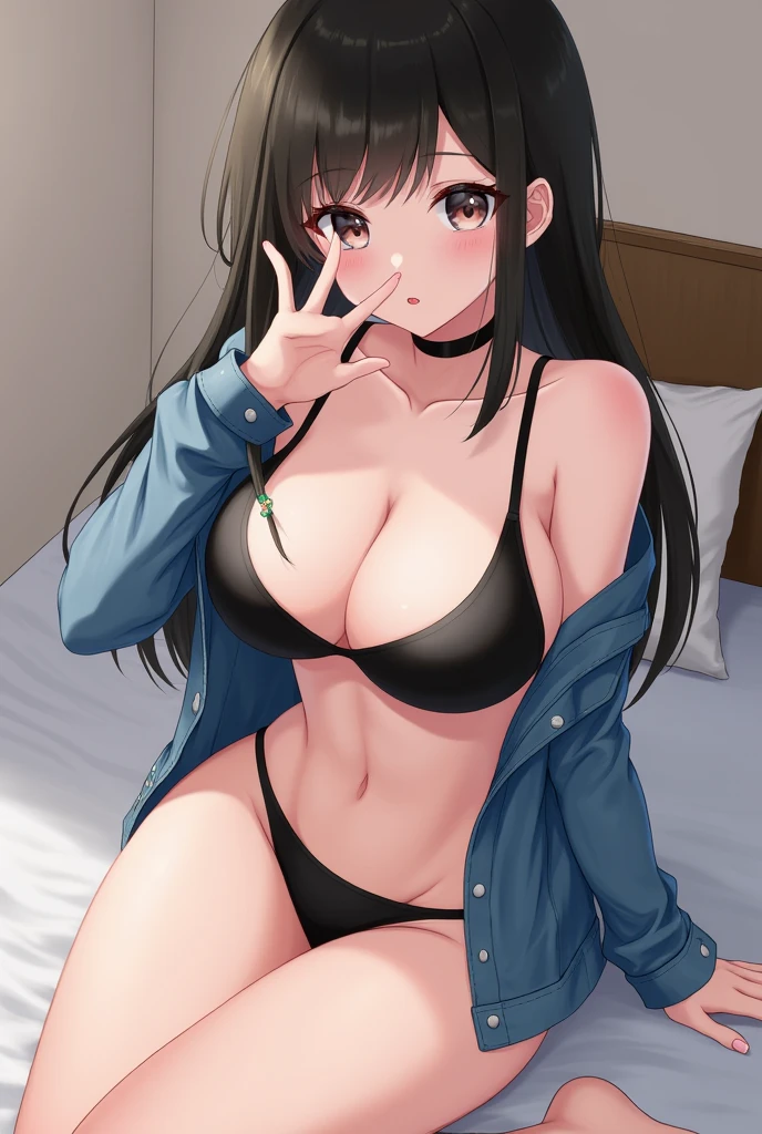 1girl, gorgeous girl , kawai girl , cute face, cute girl, black hair, bangs, blushing, choker, black , wearing small black bra, blue jean jacket, lipstick, large saggy breast, cleavage, (slim fit), wide hips, micro panties, short skirt, navel , sexy , sexy thighs, spread legs, one leg raised, panty wedge, plum vulva, bubble ass, sitting on bed , pose , bedroom, sexy boob focus, lighting , side view , closeup