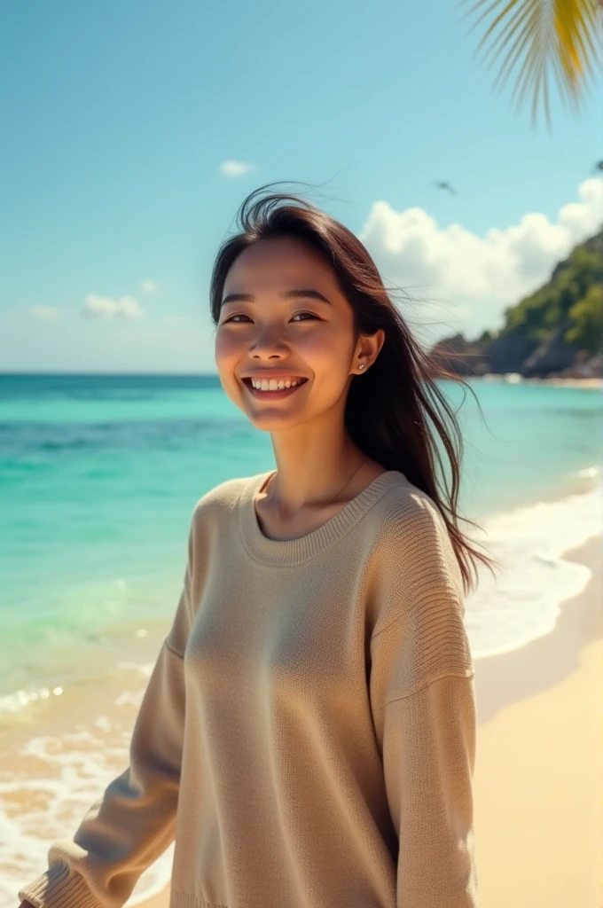 Portrait of a beautiful smiling young Indonesian woman walking on a beautiful beach wearing a sweater
