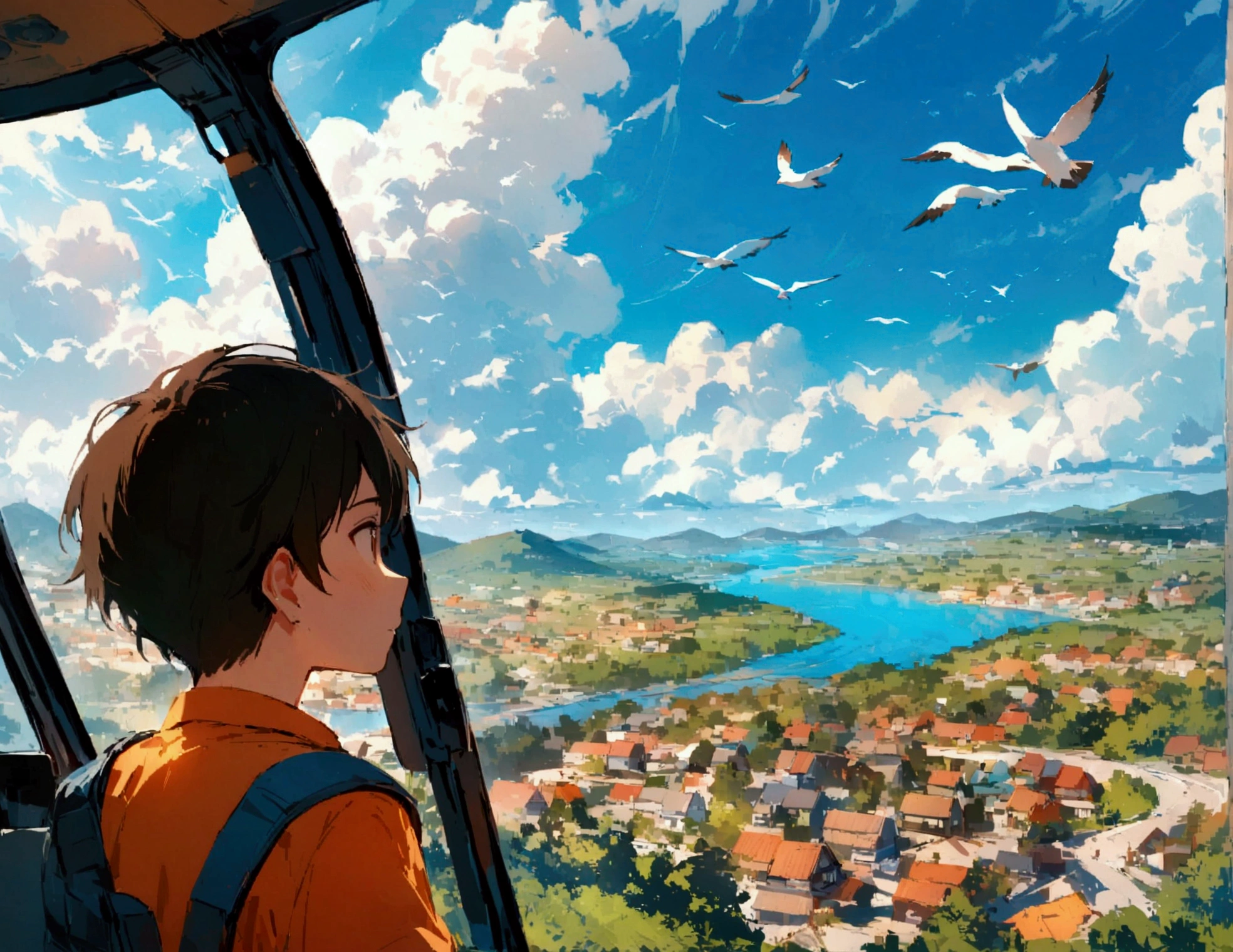 I need a landscape. A boy watching a view from inside a helicopter. He is watching a lot of houses mountains rivers and sky. A lot of birds are flying. A lot of clouds are there