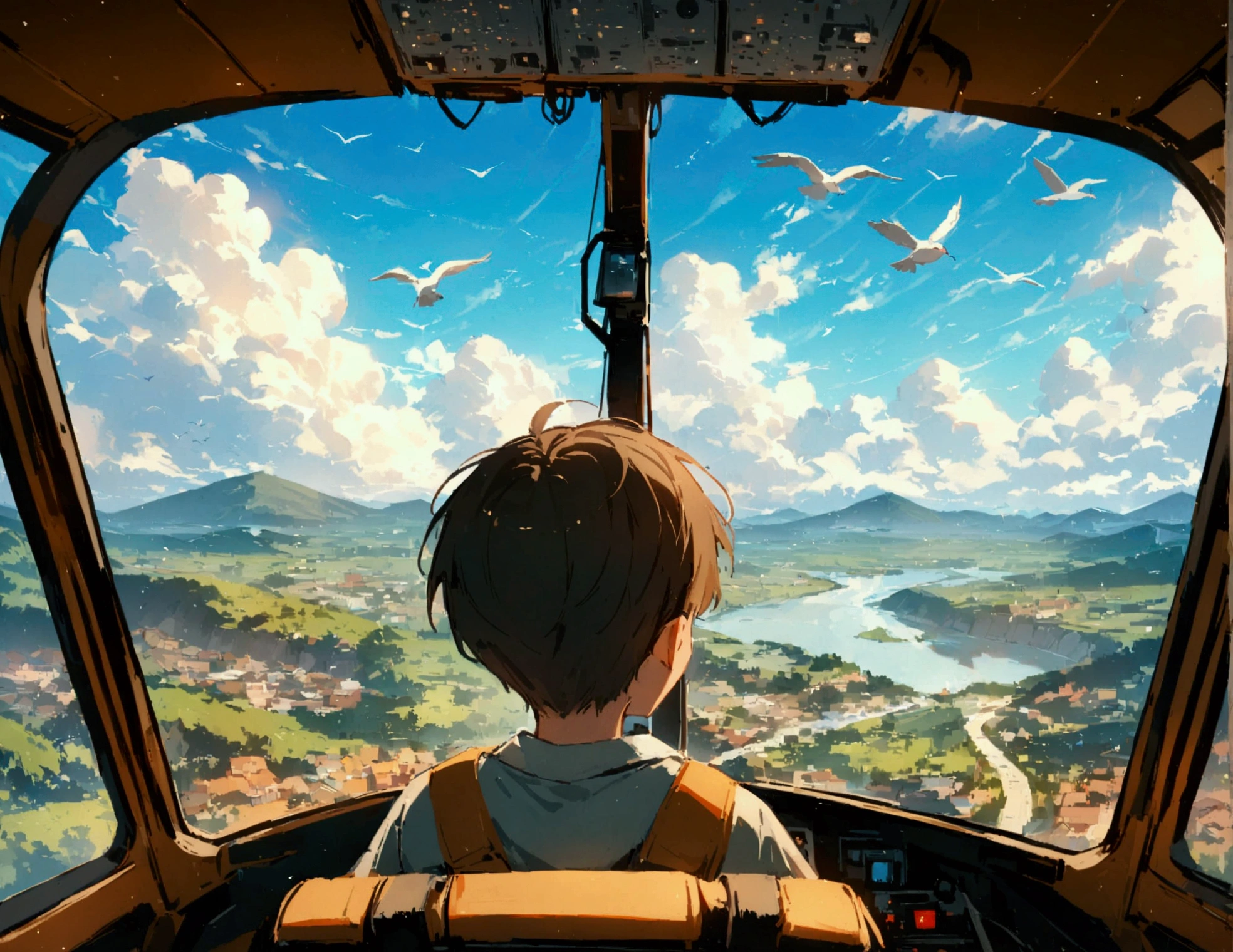 I need a landscape. A boy watching a view from inside a helicopter. He is watching a lot of houses mountains rivers and sky. A lot of birds are flying. A lot of clouds are there