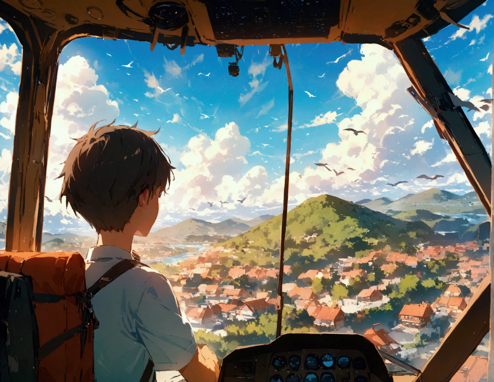 I need a landscape. A boy watching a view from inside a helicopter. He is watching a lot of houses mountains rivers and sky. A lot of birds are flying. A lot of clouds are there