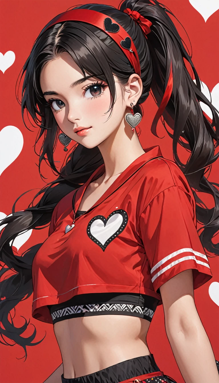 a drawing of a young girl with long, dark hair, and pigtails, 1girl, solo, one eye closed, jewelry, hairband, ponytail, black hair, heart, looking at viewer, black eyes, long hair, earrings, crop top, midriff, red shirt
