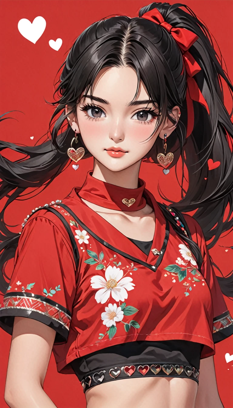 a drawing of a young girl with long, dark hair, and pigtails, 1girl, solo, one eye closed, jewelry, hairband, ponytail, black hair, heart, looking at viewer, black eyes, long hair, earrings, crop top, midriff, red shirt