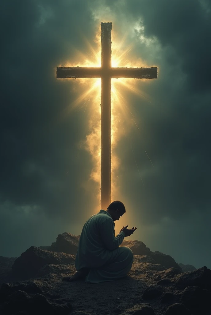 Imagine a scene with a human figure kneeling before a large cross, in a dark and silent environment. The figure has an expression of deep devotion, looking reverently toward the cross. From the cross, Warm rays of light emanate, gently illuminating the devotee., but not the whole environment, leaving in shadow what is beyond. Around it, The shadows of hell seem to be driven away by the light of the cross, showing that devotion is what truly matters, beyond rewards or punishments. in the sky, There are no images of paradise or hellish punishments, just a simple cross that symbolizes pure and selfless faith.