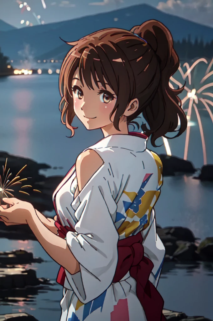 masterpiece, best quality, ultra detailed, highres, extremely detailed CG unity 8k wallpaper, perfect lighting,  very detailed background, beautiful and aesthetic,sharp focus, perfect face, dynamic pose, dynamic angle,
1girl, upper body, (portrait:1.1), multicolored yukata, kanzashi, looking at viewer,  full-face blush, from side, from below, smile,
night, dark sky, misty lake, mountainous horizon, break,aerial fireworks,  (Full of sky fireworks:1.2),
Shoulder Bare、Off the shoulder