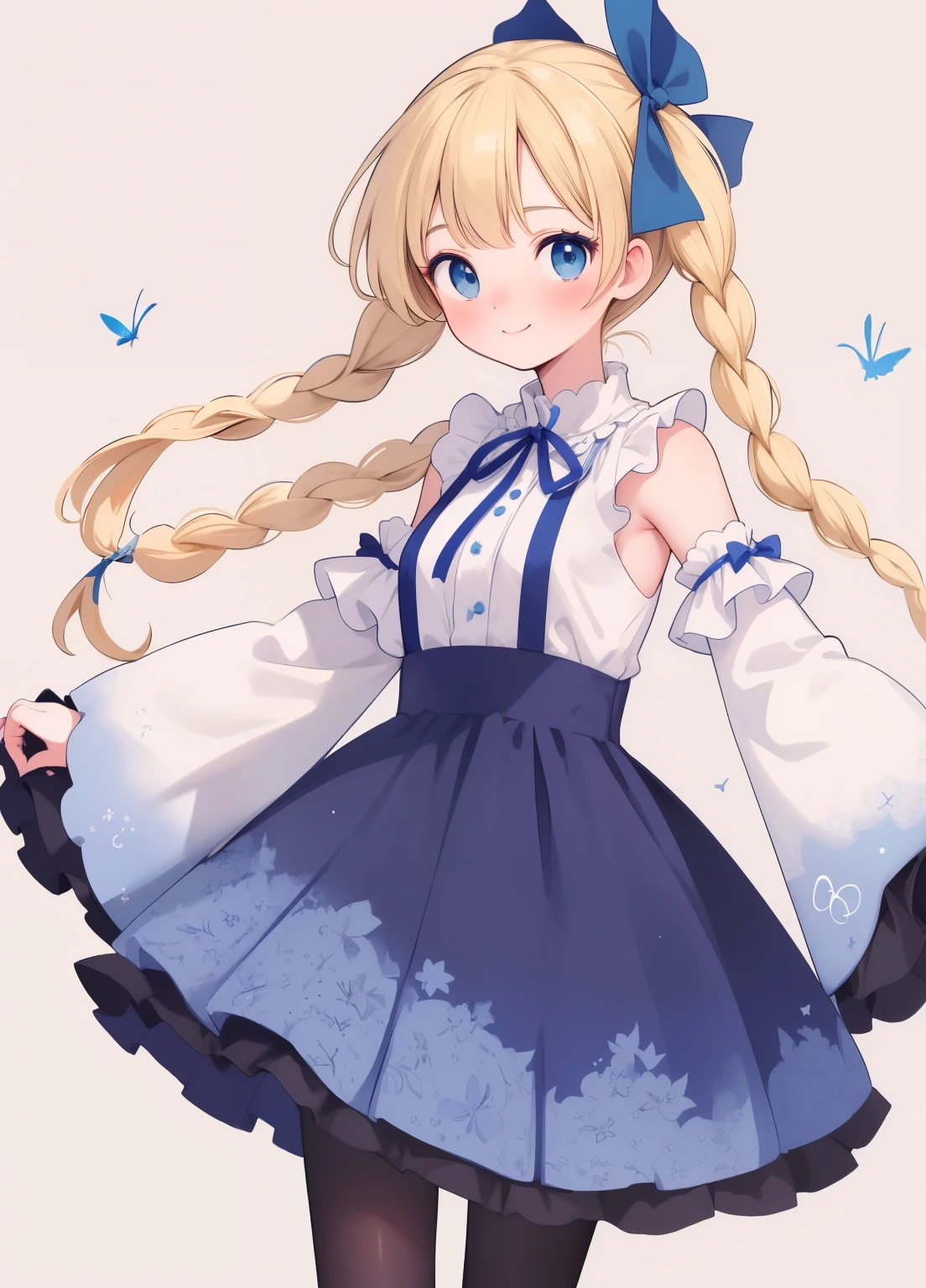 (masterpiece、Highest quality、Highest quality、Official Art、Beautiful and beautiful:1.2)、(One person:1.3)Hatsune Miku、Twin tails,Beautiful breasts, Katsushika Hokusai,Super detailed, masterpiece, Highest quality, alone, A kind smile, A light smile, (White and blue theme:1.3),
One person, blue eyes, Very long hair, Blonde, long Blonde, French Braid, bangs, Medium chest,
Hair Ribbon, Frilled Chalk, Crisscross halter neck, Sleeveless dress, High Waist Skirt, backless dress, Westbow, Removable sleeves, Ruffle sleeves, Wide sleeves, pantyhose, Patterned legwear, Mary Jane, silhouette, Particles of light, fire Fly,