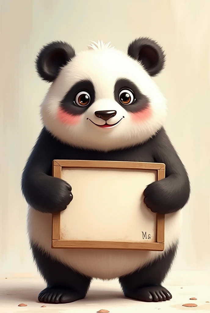 A cute panda standing holding a board