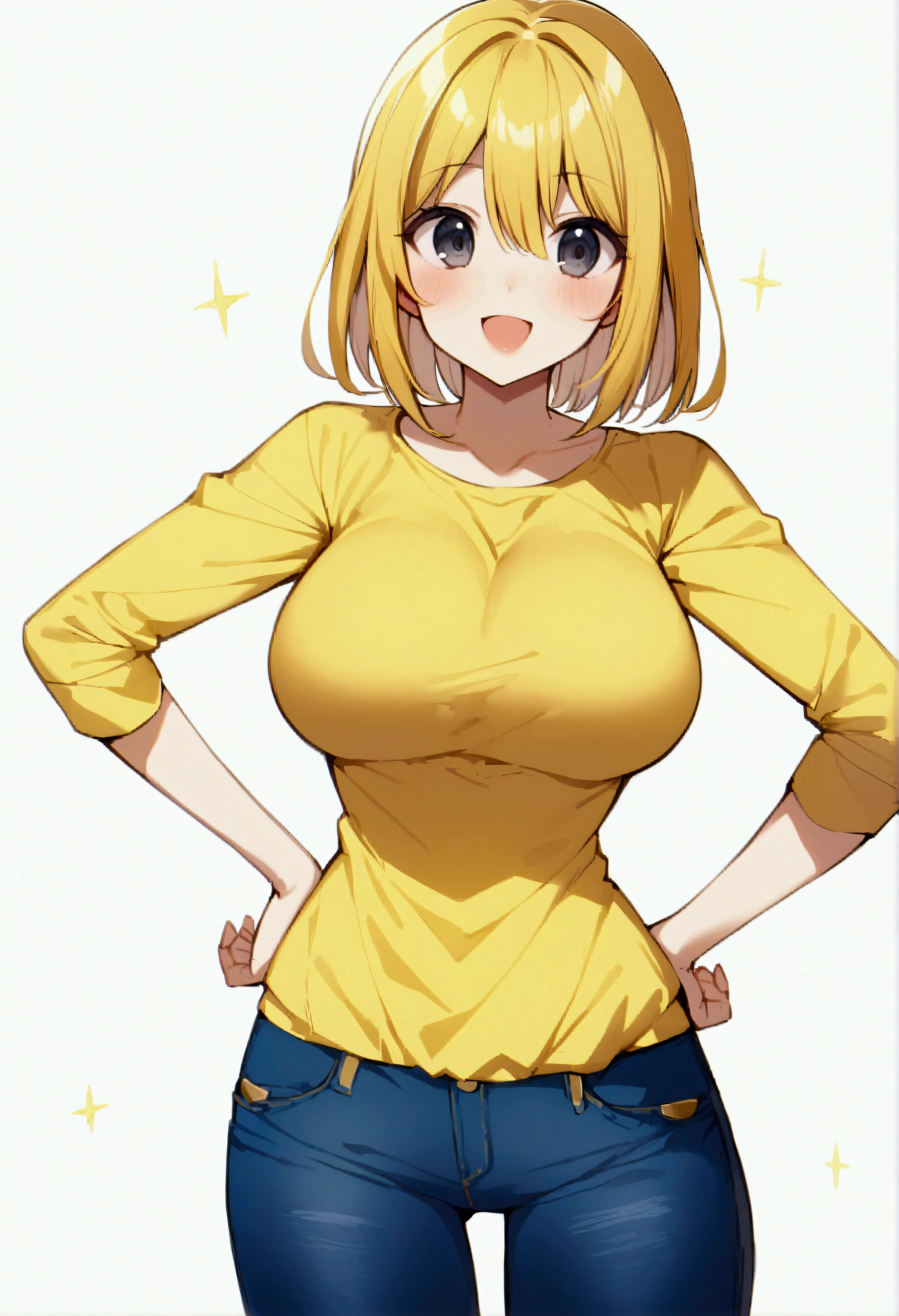 score_9、score_8_up、score_7_up、score_6_up、score_5_up、score_4_up、BREAK source_アニメ、rating_safe、White background、One person、solo、Large Breasts、black eye、Hands on hips、Yellow Shirt、Cowboy Shot、jeans