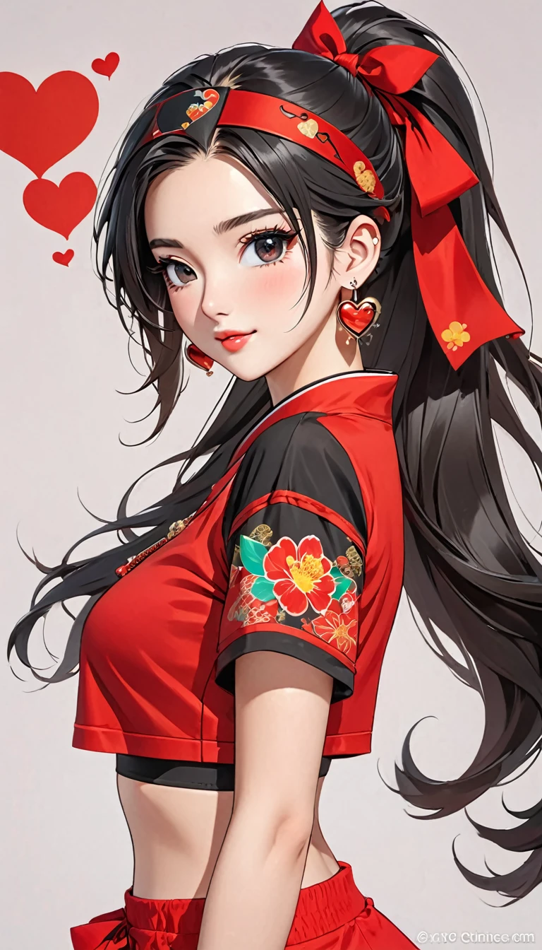 trending chinese cartoon girls in 2017 3 5 pictures 3, 1girl, solo, one eye closed, jewelry, hairband, ponytail, black hair, heart, looking at viewer, black eyes, long hair, earrings, crop top, midriff, red shirt