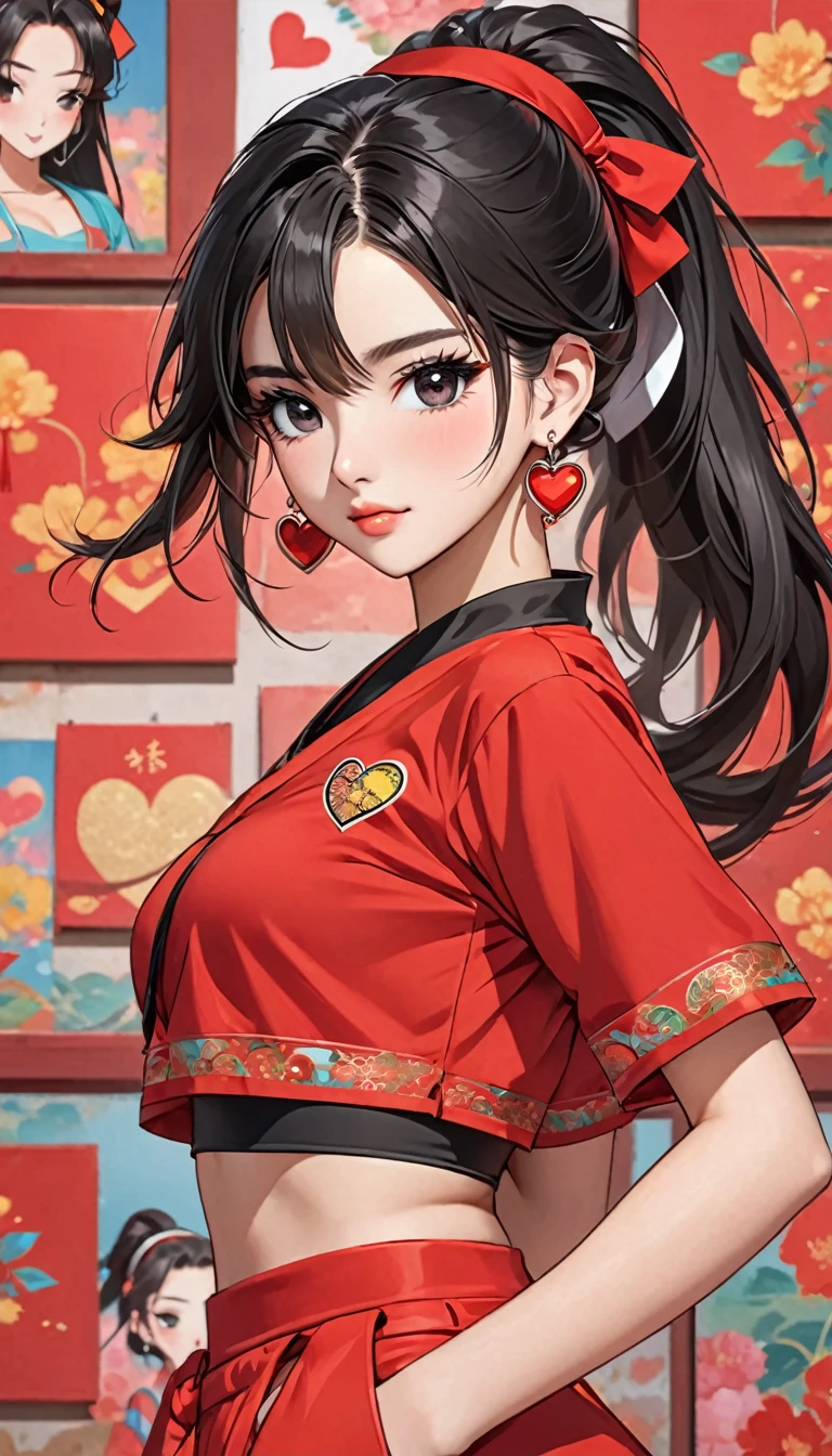 trending chinese cartoon girls in 2017 3 5 pictures 3, 1girl, solo, one eye closed, jewelry, hairband, ponytail, black hair, heart, looking at viewer, black eyes, long hair, earrings, crop top, midriff, red shirt