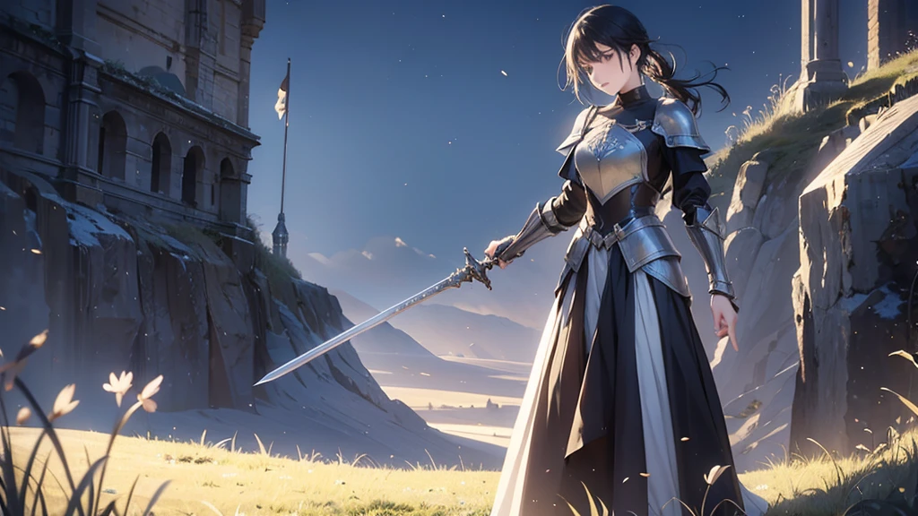 A woman wears the upper half of her knight's armor, Lovely face, holding a sword, The other hand holds a necklac, black hair, Standing alone in the grass, The bottom is wearing a short-sleeved shirt, beautiful, 8k