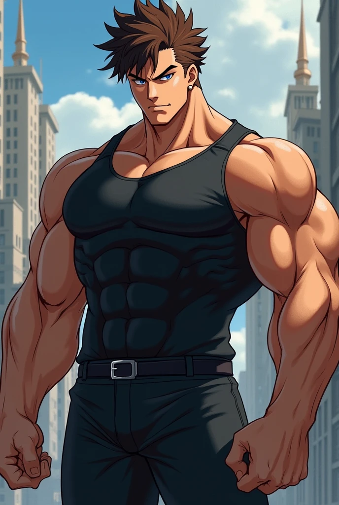Create a male anime charcter with bulcky hody, brown hair and blue eyes and black outfit