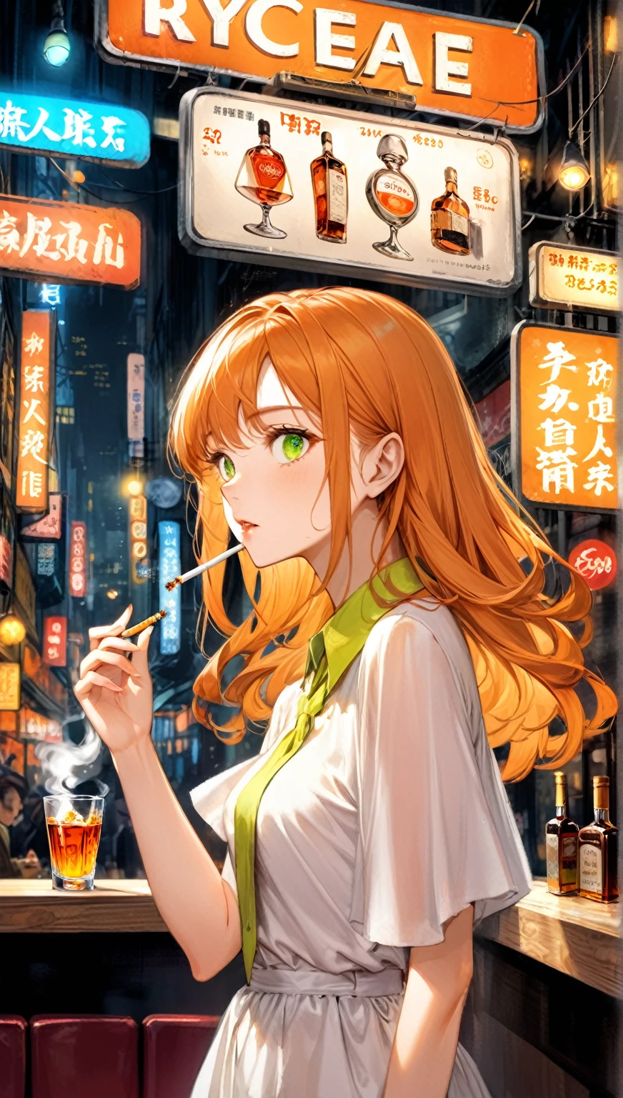 ((Highest quality,8k,32K,masterpiece,Ultra-high resolution :1.2 ),born,One person,Super cute,Natural light,Clear, shining eyes,20-year-old,Fair skin,Fantastic night city electronic world fantasy background,Orange Hair, woman,Smoking a cigarette,liquor,bar,Shortcuts, Neon signboard, Fluorescent green or fluorescent orange background,Long Hair, Curled hair