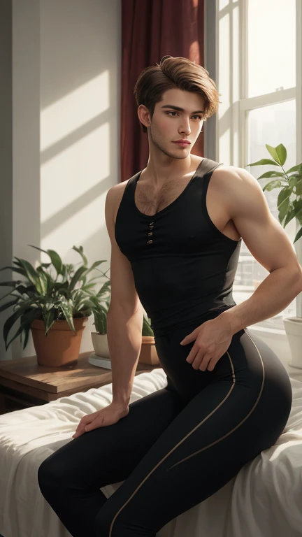 (photorealism:1.2), young man, sitting on bed, wearing sleeveless cultivation dress,, very short spikey boyish hair, indoors, soft lighting, plants in background, window with sunlight, cozy room, relaxed pose, realistic, intricate details, warm colors, by Greg Rutkowski, by Alphonse Mucha, wide hips , long legs, thick thighs, large feminine hips, thin and narrow weist, leggings , hot man 