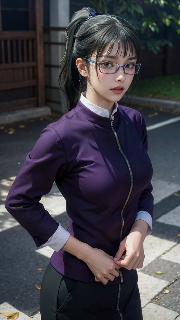 Temple_Maki, ponytail, Glasses, bangs, Green Hair, Brown eyes, jujutsu_uniform, Purple Jacket, 1 person, alone, Detailed face, Detailed skin, Film Grain, Realistic, Large Breasts, Skin pores