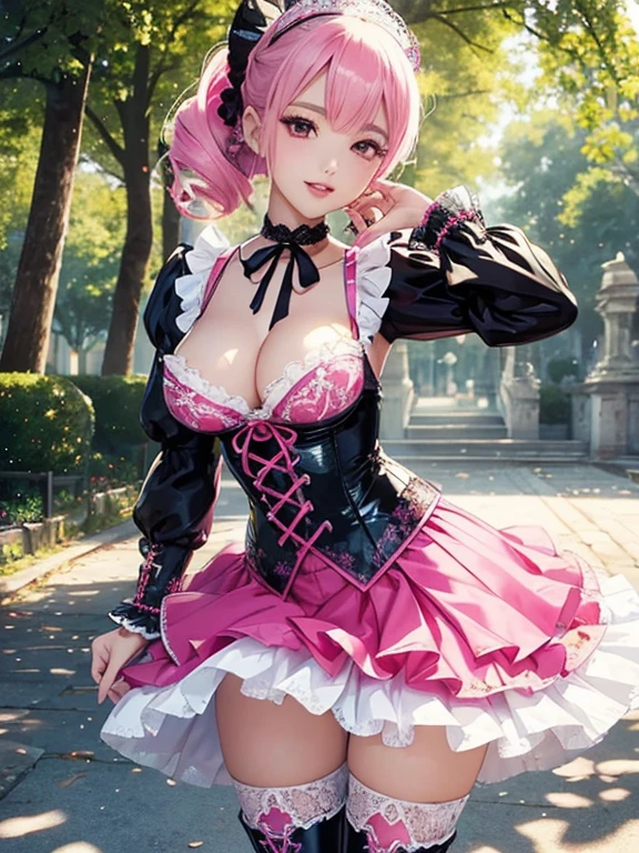 Young Asian woman, 23 years old. Busty. Double D cup, only 1 female, ((doll-like appearance)), long neon pink stylish hair, ((shiny Victorian-Style boots)), beautiful smile, ultra detailed eyes, vivid eye makeup, lip gloss, long lashes, defined eyebrows, ((sexy Paradise Kiss cosplay)), bell-shaped skirt, petticoats, high neckline, puffed sleeves, (( ultra detailed lace)), ((ultra detailed embroidery)), intricate details, choker, ((large sparkling Paradise Kiss)), cinematic light, detailed large park background with trees