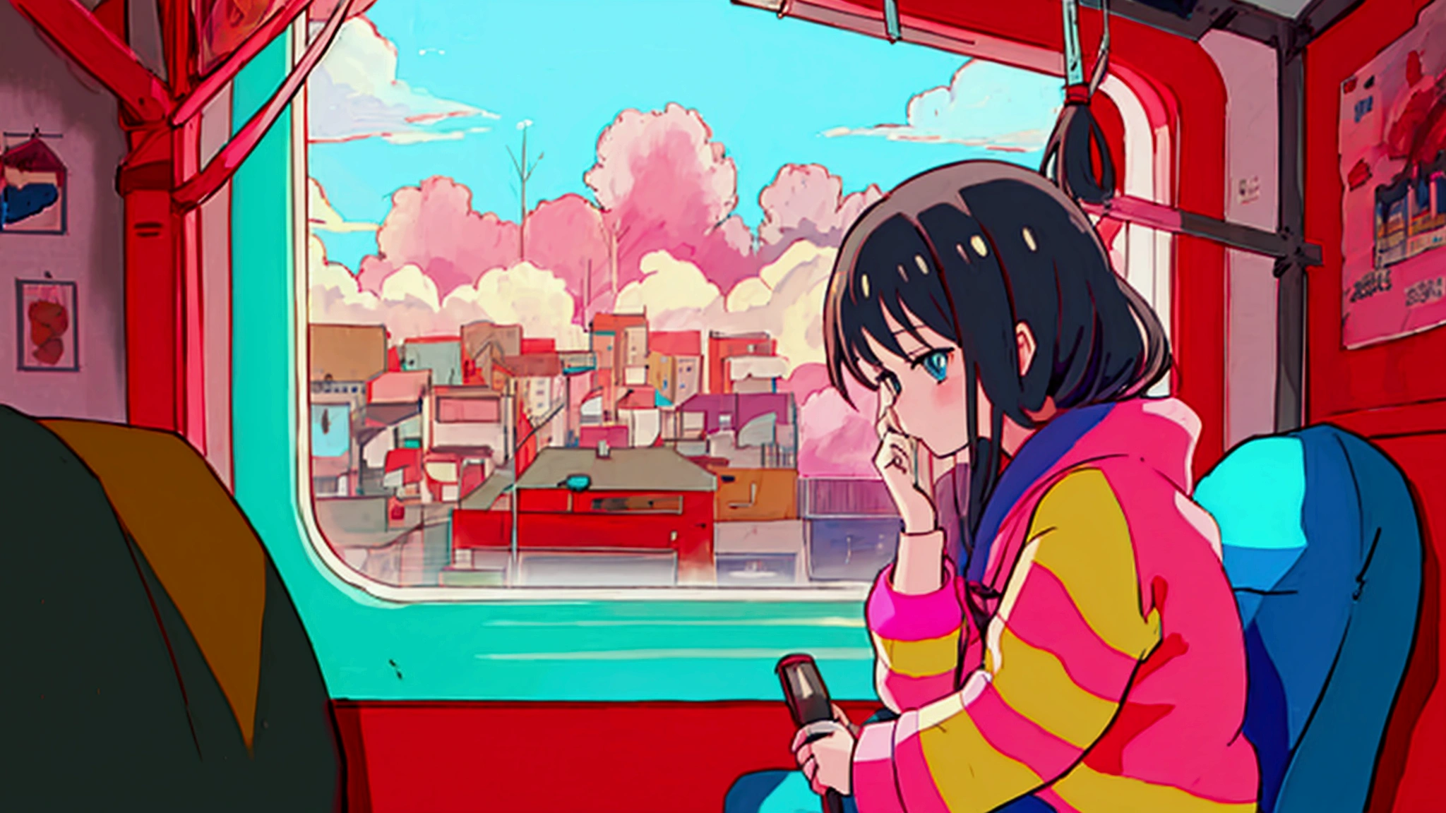 anime girl sitting on a bus looking out the window at the city, an anime drawing by Yuumei, trending on cg society, digital art, lofi hip hop, lofi girl, lofi artstyle, lofi art, lofi feel, chillhop, lofi vibes, lofi aesthetic, lofi, lofi girl aesthetic, anime aesthetic