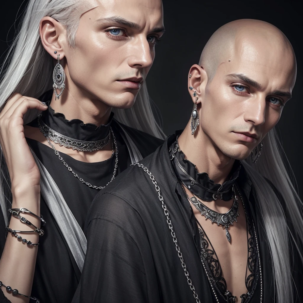high quality, Rich in details, bald silver haired masculine man . They wear vintage goth gothic clothing., wearing bracelets, colorful earrings and necklaces. The big ones are also visible.. The photo is a close-up of the face., with bare arms, bright Eyes, sweat on the forehead, and a sexy vibe.