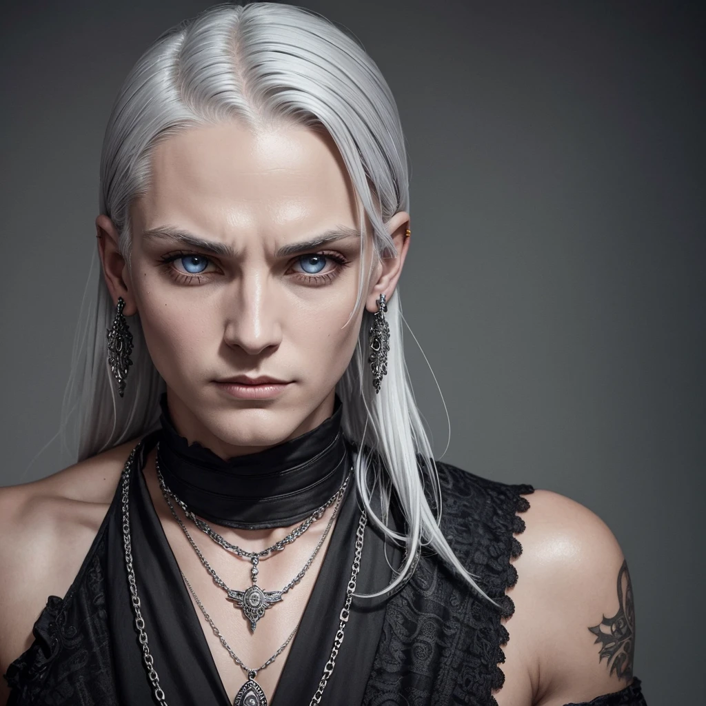 high quality, Rich in details, bald silver haired masculine man . They wear vintage goth gothic clothing., wearing bracelets, colorful earrings and necklaces. The big ones are also visible.. The photo is a close-up of the face., with bare arms, bright Eyes, sweat on the forehead, and a sexy vibe.