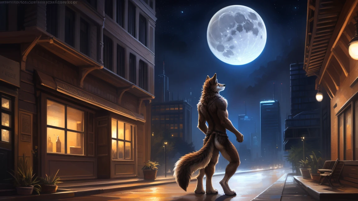 ((Solo)), male people, anthro wolf, (Multi-colored fur, White-brown:1.3), ((Wolf face, Big eyes, White eyelids, Blue pupil, Slim:1.2) (Tough, Calm expression:1.2)), (Height 2.1 meters,Tail length 1.5m), Abs, Slim, pinging, (Correct anatomy), (Contour bone:1.2), The upper body is naked, (detailed outfits), a long large tail,Feet,(Realistic fur, Detailed fur texture, labeled:1.3)), (Natural lighting), Photorealistic, Hyperrealistic, ultradetailed, by Kenket,In the modern city,Roof,the night,Sit alone,Look at the full moon,It was dark,Starry