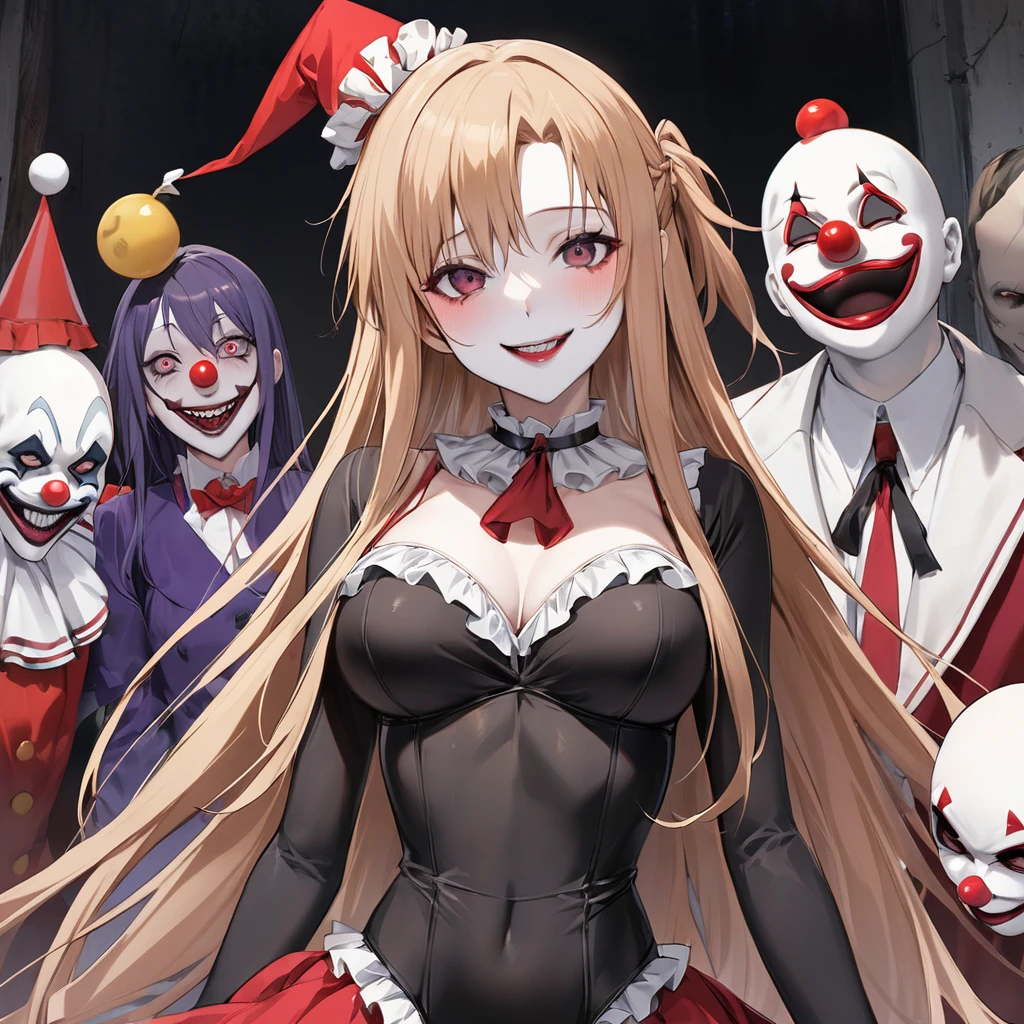 ((Highest quality)), ((masterpiece)), (detailed), （Perfect Face）、((The woman is Yuuki Asuna, with light brown, medium-long hair, pure white skin, and a creepy clown mask.))、The woman is an evil clown wearing a risqué black rubber V-neck leotard outfit, long black rubber boots, long black rubber gloves, lots of frills and clown decorations, a clown collar, a clown jester hat, a swallowtail skirt, and creepy clown makeup on her face and a red nose.、The woman is a creepy, evil, lewd clown who is a minion of an evil organization.、An evil circus troupe is gathering